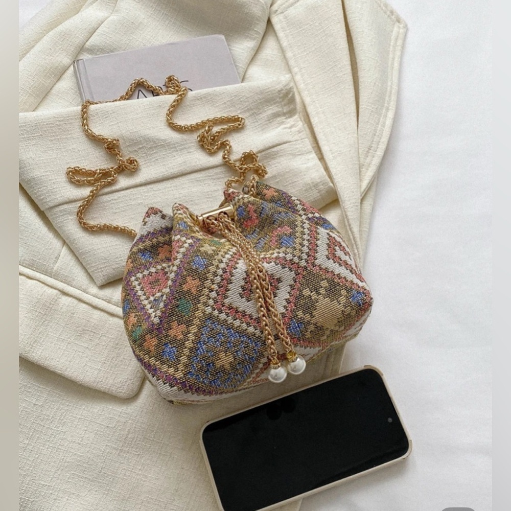 New Bohemian Patterned Chain Cinch Mini Crossbody… - image 3